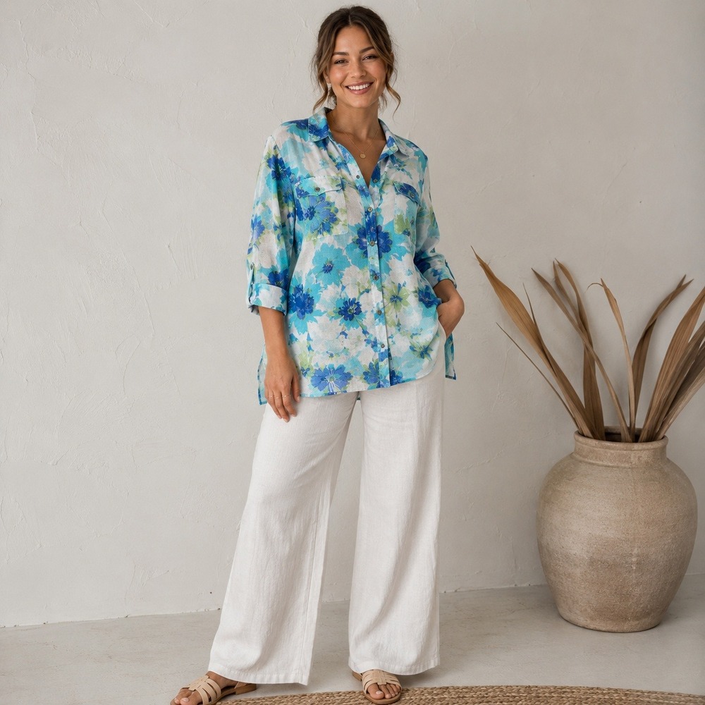 JM Collection Womens 100% Linen Floral Button Up Shirt Blue Green Size 16